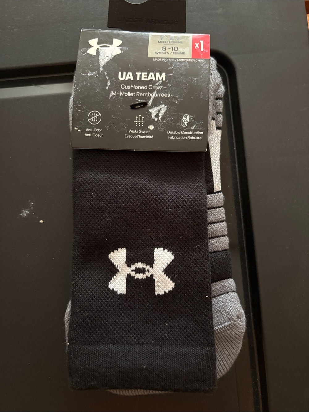 Under Armour Black and Gray UA Team Cushioned Crew Socks